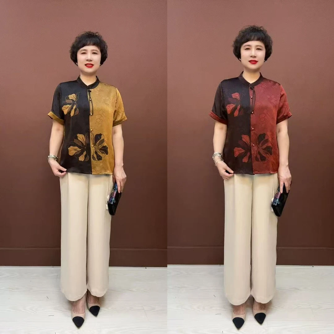 H-撞色中老年女装立领领衬衫复古夏装女装休闲中老年993