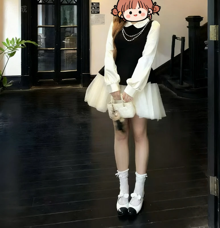 Bai大码【爱丽丝堡】胖mm法式千金风假两件网纱连衣裙22956/522956