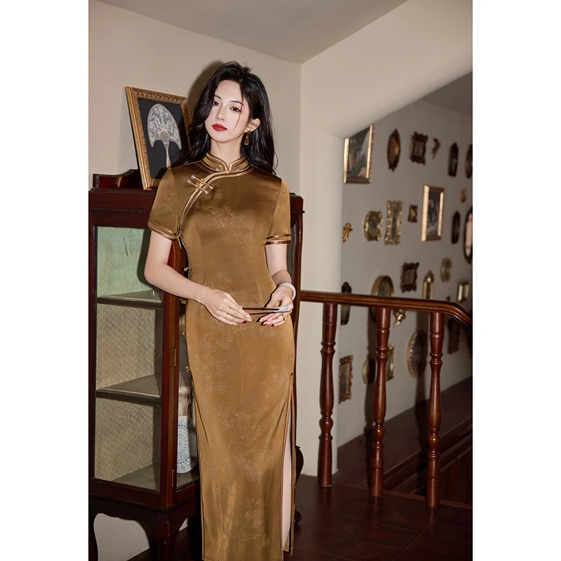 提花新中式旗袍气质显瘦新款短袖长款改良优雅年轻款老上海连衣裙