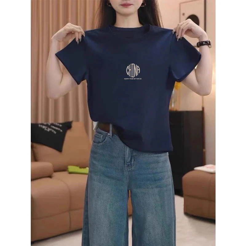 2025新款正肩圆领短袖t恤女装小众不撞款时尚百搭洋气藏青色上衣