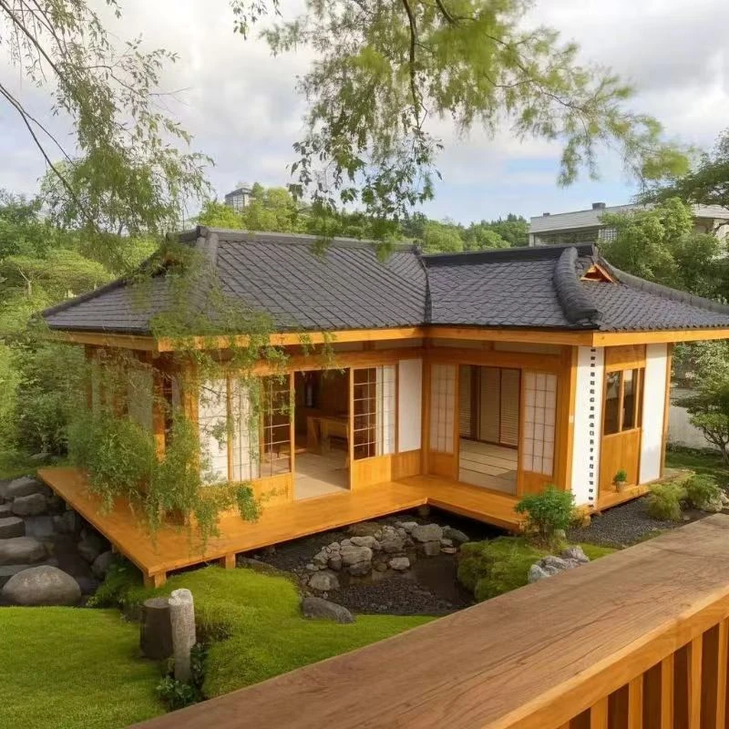 网红款日式茶室防腐木茶室小木屋实木木屋小房子成品户外移动小屋