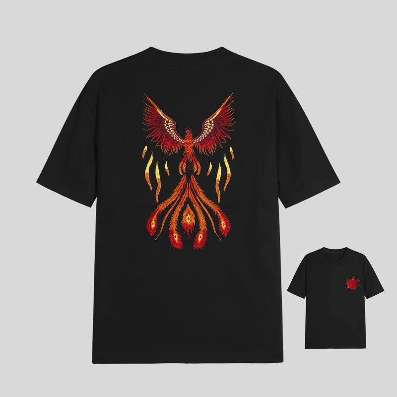 341火凤凰重工国潮刺绣短袖T恤男女同款情侣宽松圆领半袖中国风