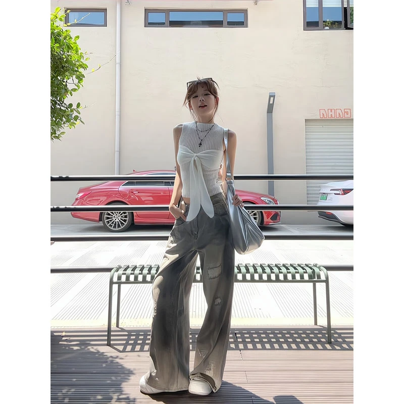 美式微透蝴蝶结系带针织背心修身短款无袖上衣做旧脏脏破洞牛仔裤