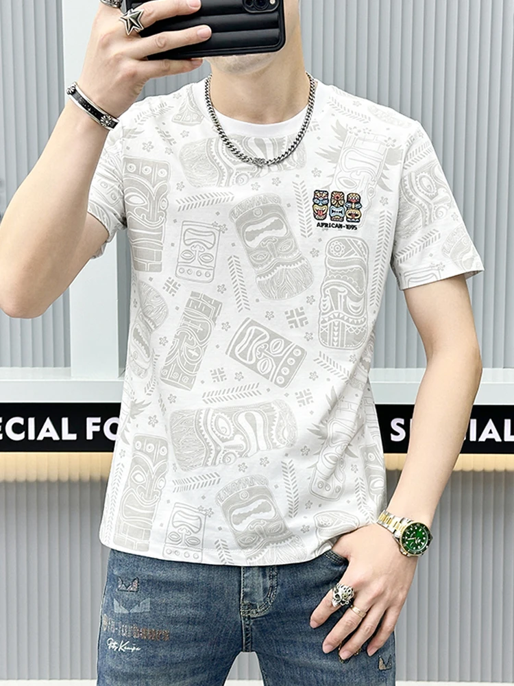2025夏季新款男士短袖t恤男潮流满身卡通印花修身半袖男款时尚衣