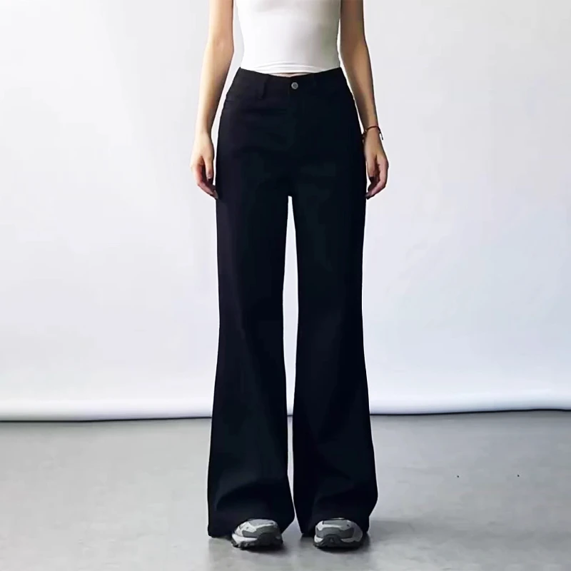 大码黑色遮肉微喇牛仔裤女夏薄款梨形身材高腰宽松遮胯显瘦喇叭裤