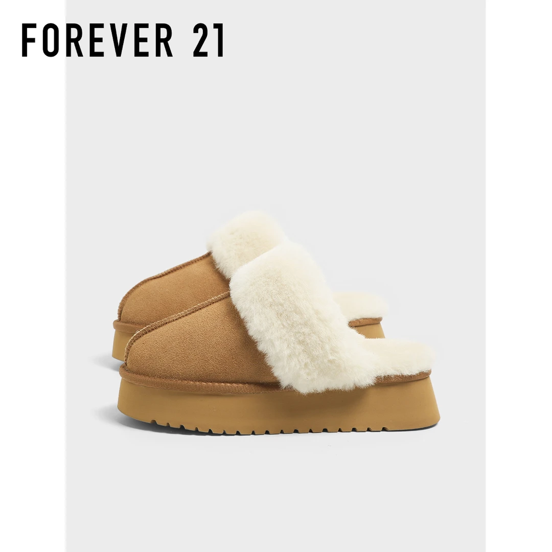F21真皮棉拖鞋女款2025新款冬季厚底加绒加厚抗寒保暖防滑雪地靴