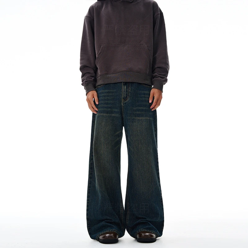 2025秋冬美式巴黎竹节复古蓝A字牛仔裤男女宽松直筒慵懒百搭长裤