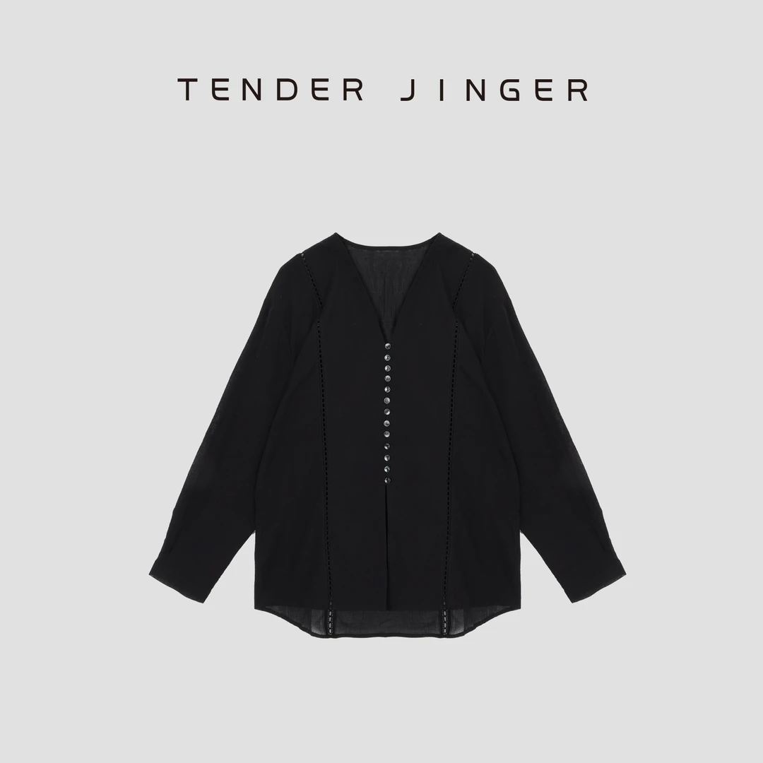 Tender JingerV领设计亚麻镂空拼接衬衫T53XXQ30708