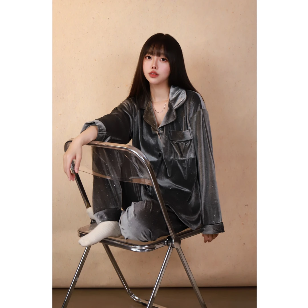 M0909原色爆闪冬季保暖丝绒高级轻奢家居服睡衣名媛套装