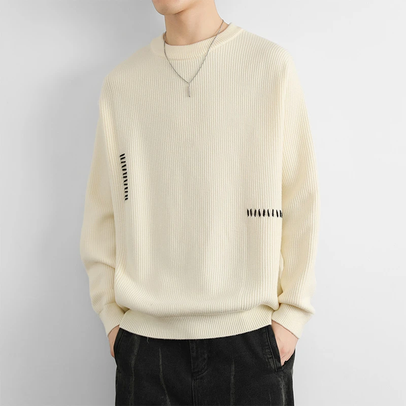 宽松男生毛衣冬季加厚圆领针织衫潮流个性高品质青少年时尚打底衫