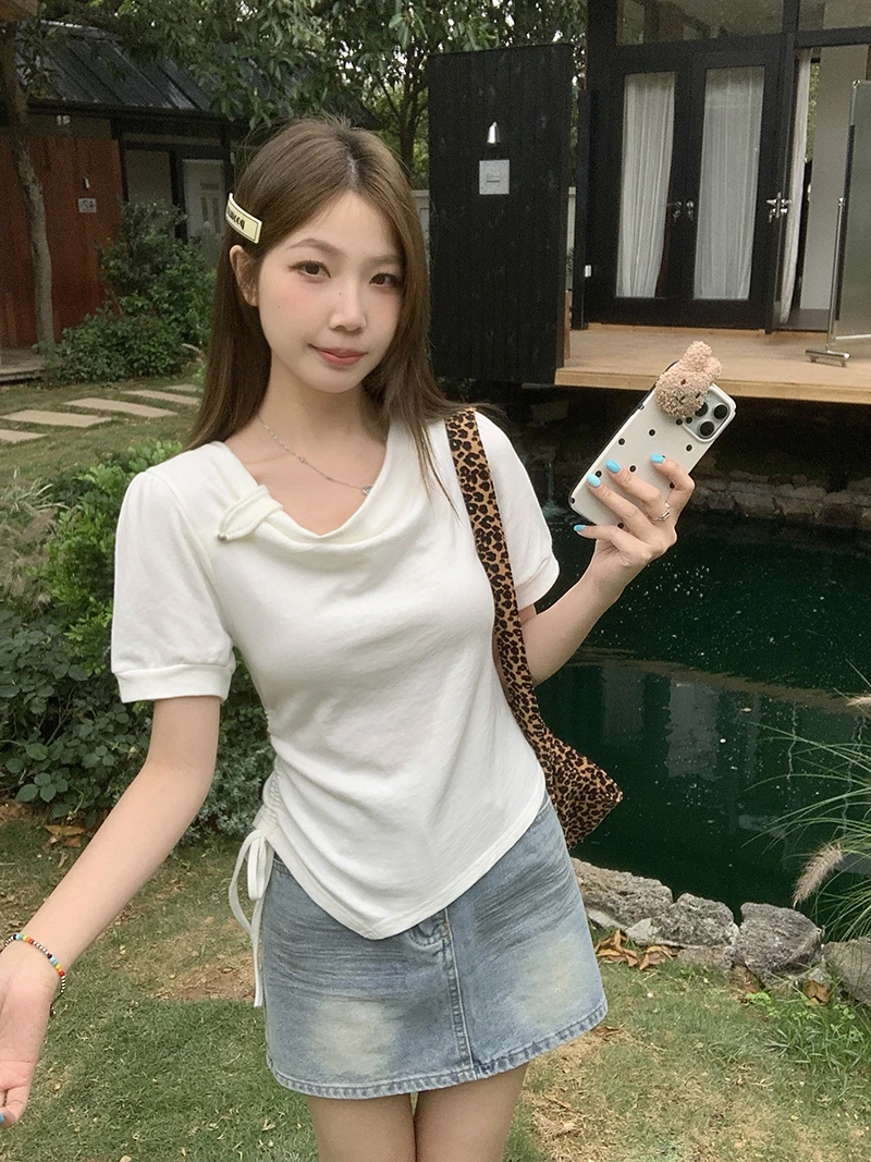 2025夏装新款胖mm大码女设计感荡领不规则显瘦百搭抽绳短袖T恤