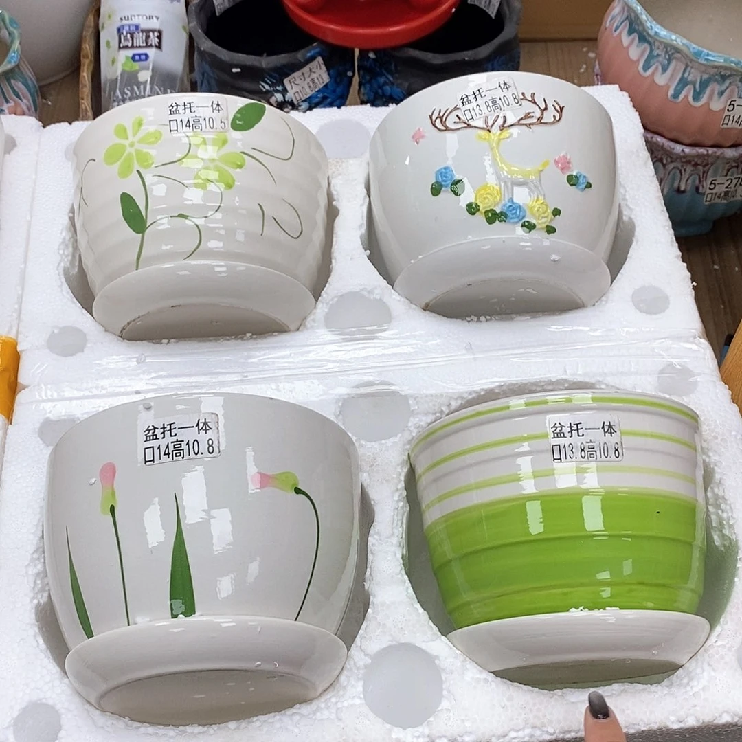 陶瓷@陶瓷花盆@@四个手绘