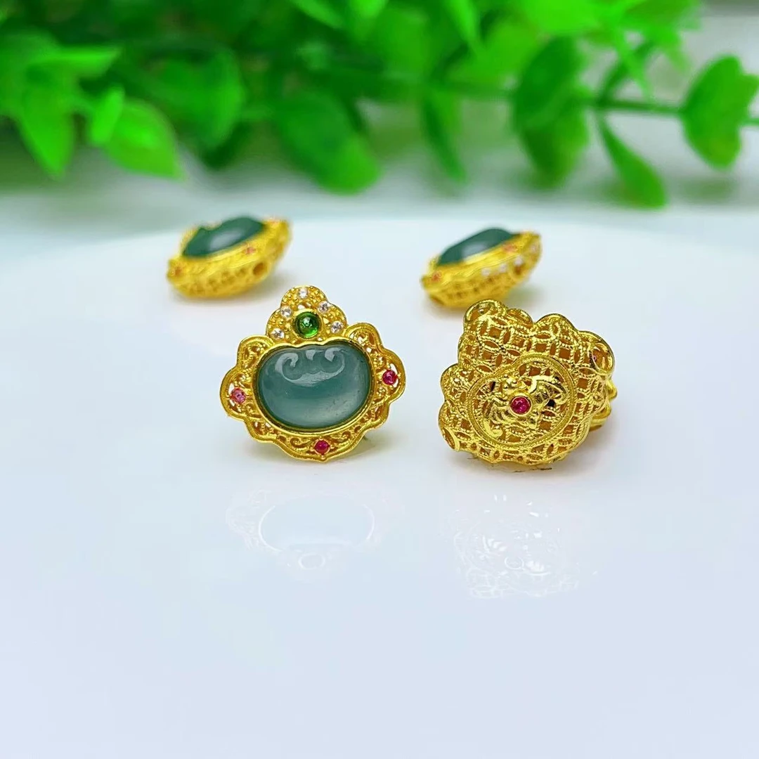 【千奇饰品】B731天然蓝水翡翠如意蛋面镶嵌红绿宝吊坠DIY12.6*13mm
