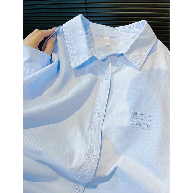 软奶蓝色衬衫女春秋2025新款韩版贴布字母设计感小众休闲百搭外套