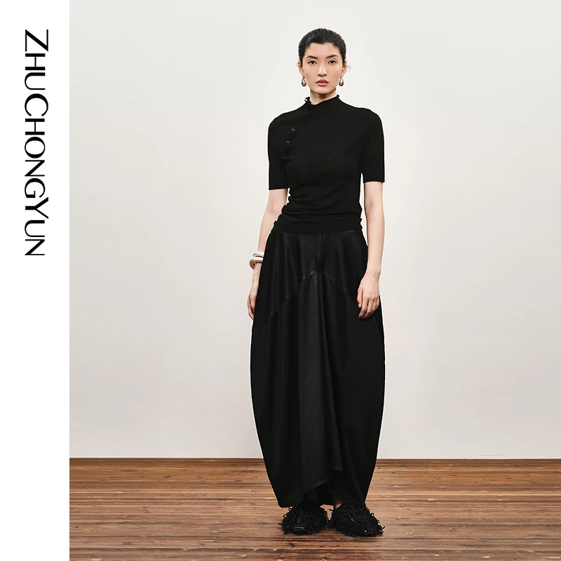 ZHUCHONGYUN2025秋新款立领斜襟纽扣修身针织短袖上衣C1FZ3800M