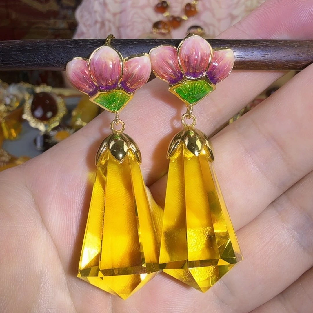 琥珀银S925镀金镶嵌耳环