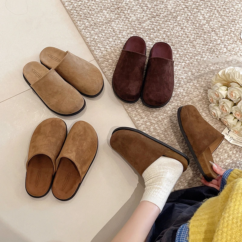 复古磨砂勃肯拖鞋女外穿2025秋季新款休闲百搭一脚蹬包头半拖鞋