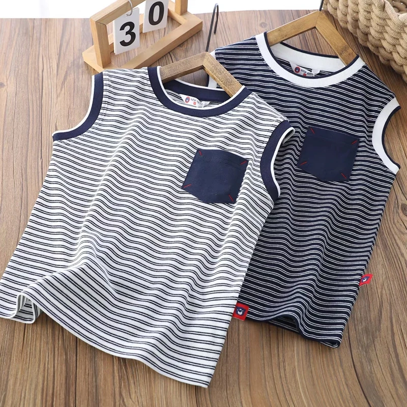 男童夏季新款口袋条纹背心中大童休闲时尚百搭无袖上衣T恤衫6165