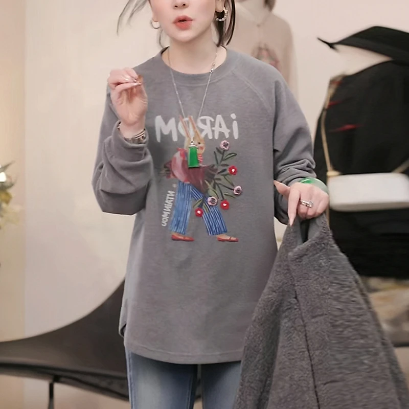 灰色圆领印花卫衣女士2025秋冬新款时尚减龄宽松大码显瘦打底上衣