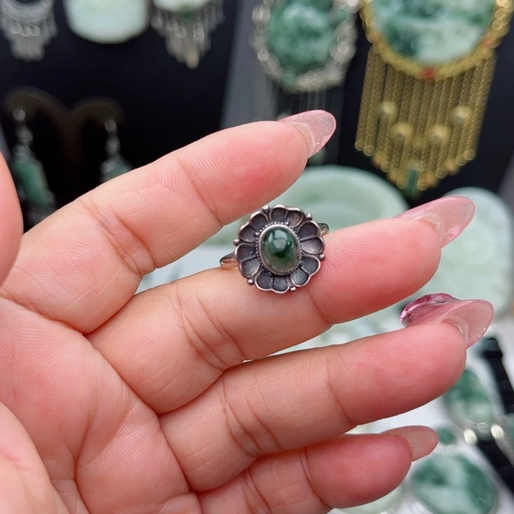 透闪石-蛇纹石玉银S925镶嵌戒指