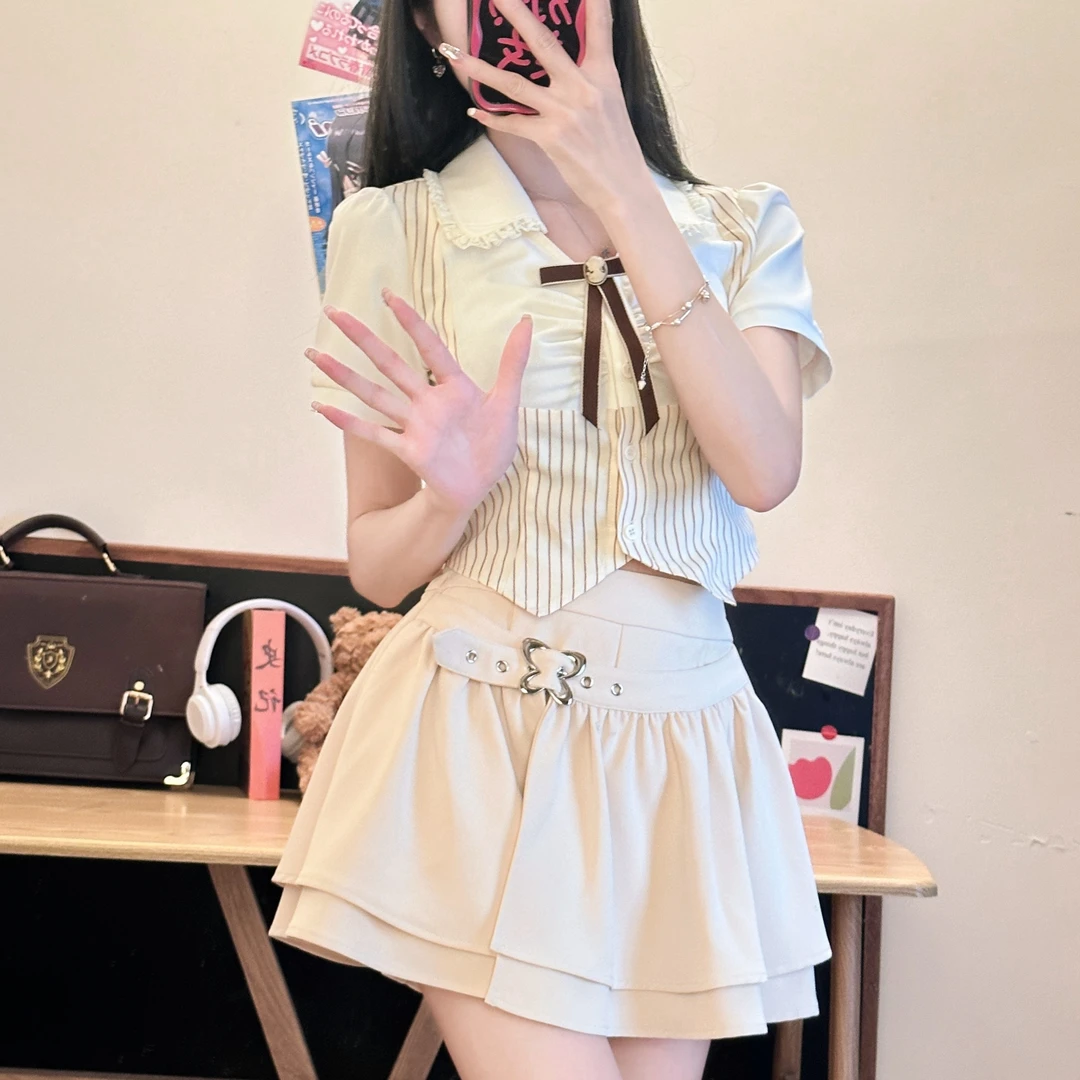 蜜糖海 织物猪原创 温柔气质收腰显瘦学院风显瘦衬衫遮胯裙子