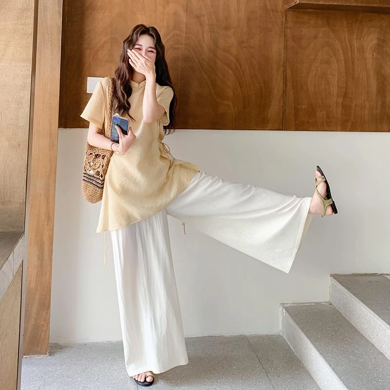 清冷松弛感民国风旗袍上衣阔腿裤套装女2025夏季新中式穿搭两件套
