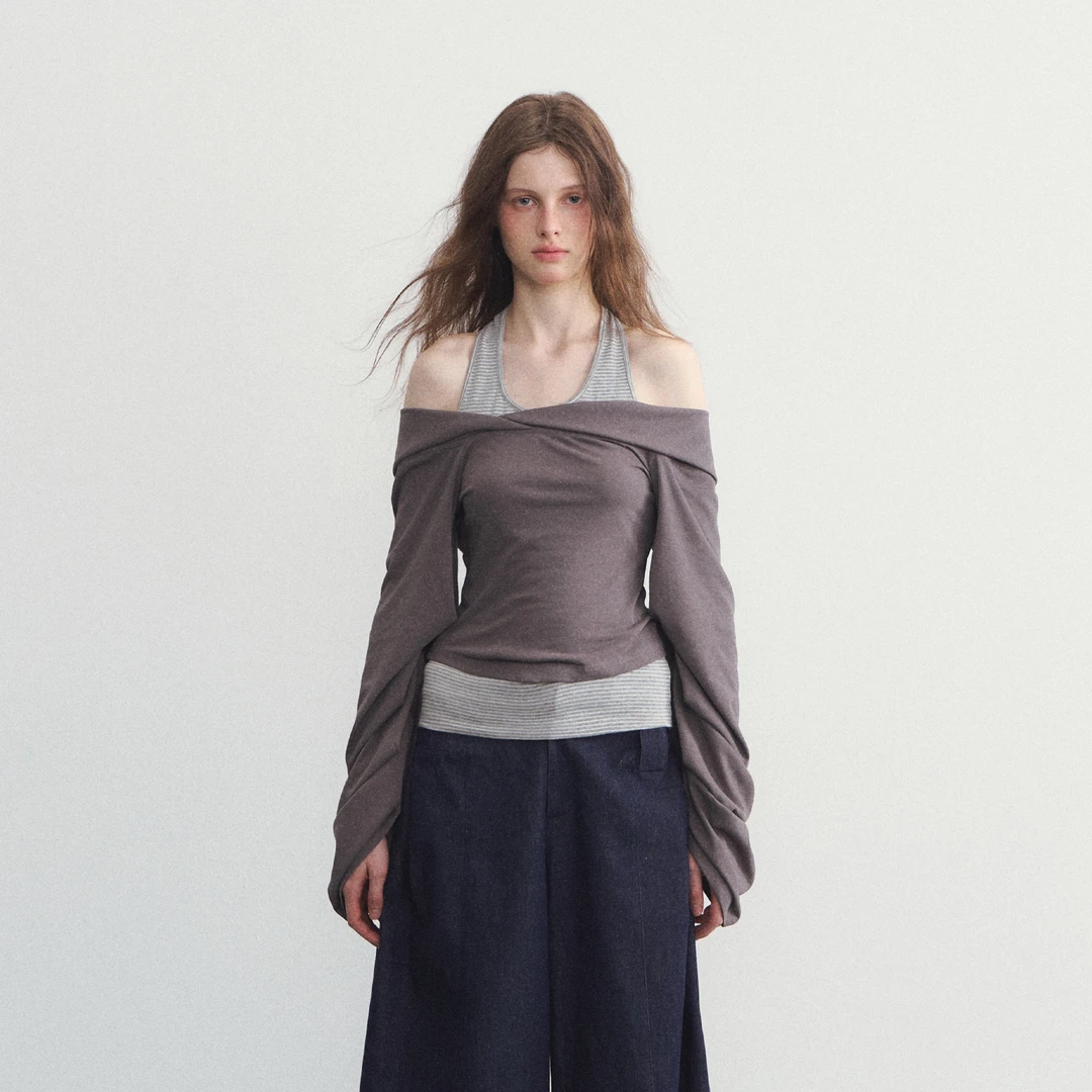 “爱屋及乌”两件套不规则衬衫一字领修身长袖T恤秋季新款显瘦上衣