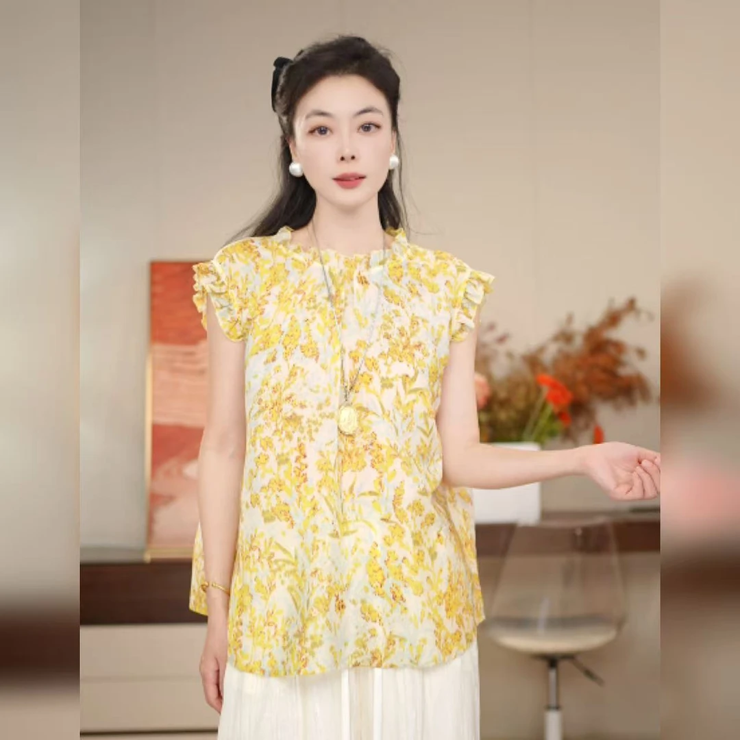 【多米拉】01626-1晚风繁花夏季无袖印花上衣袖碎花衬衫