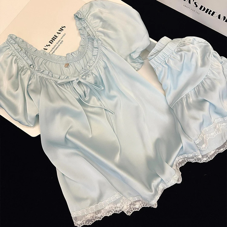 【法式轻奢风】温柔风baby蓝冰丝短袖睡衣夏季蕾丝花边凉感短裤套装