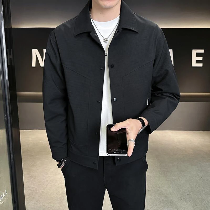 LOzP翻领外套男2025春秋季新款男装纯色修身褂子潮流百搭商务休闲
