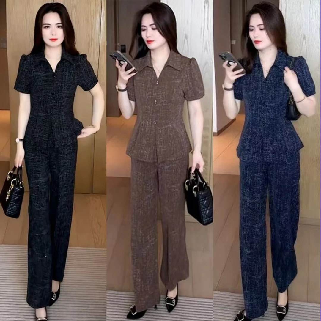 【上衣+裤子】夏季新款时尚套装洋气显瘦短袖上衣阔腿裤休闲两件套