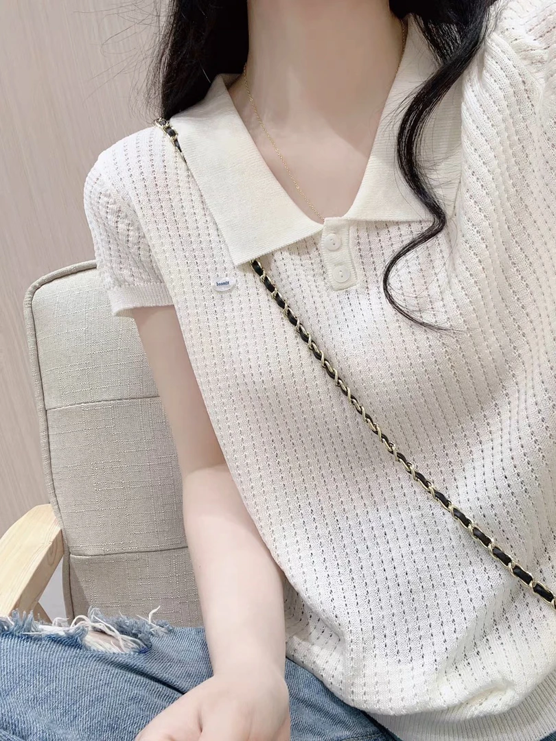气质镂空polo领短袖针织衫女夏季慵懒风宽松显瘦韩系chic别致上衣