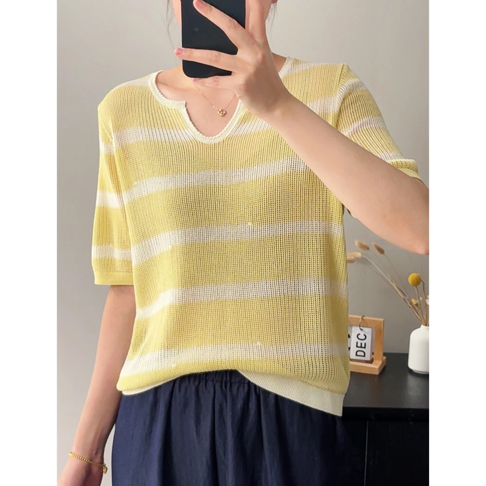 莱赛尔亚麻混纺~~拼色条纹U领套头款短袖春夏新款