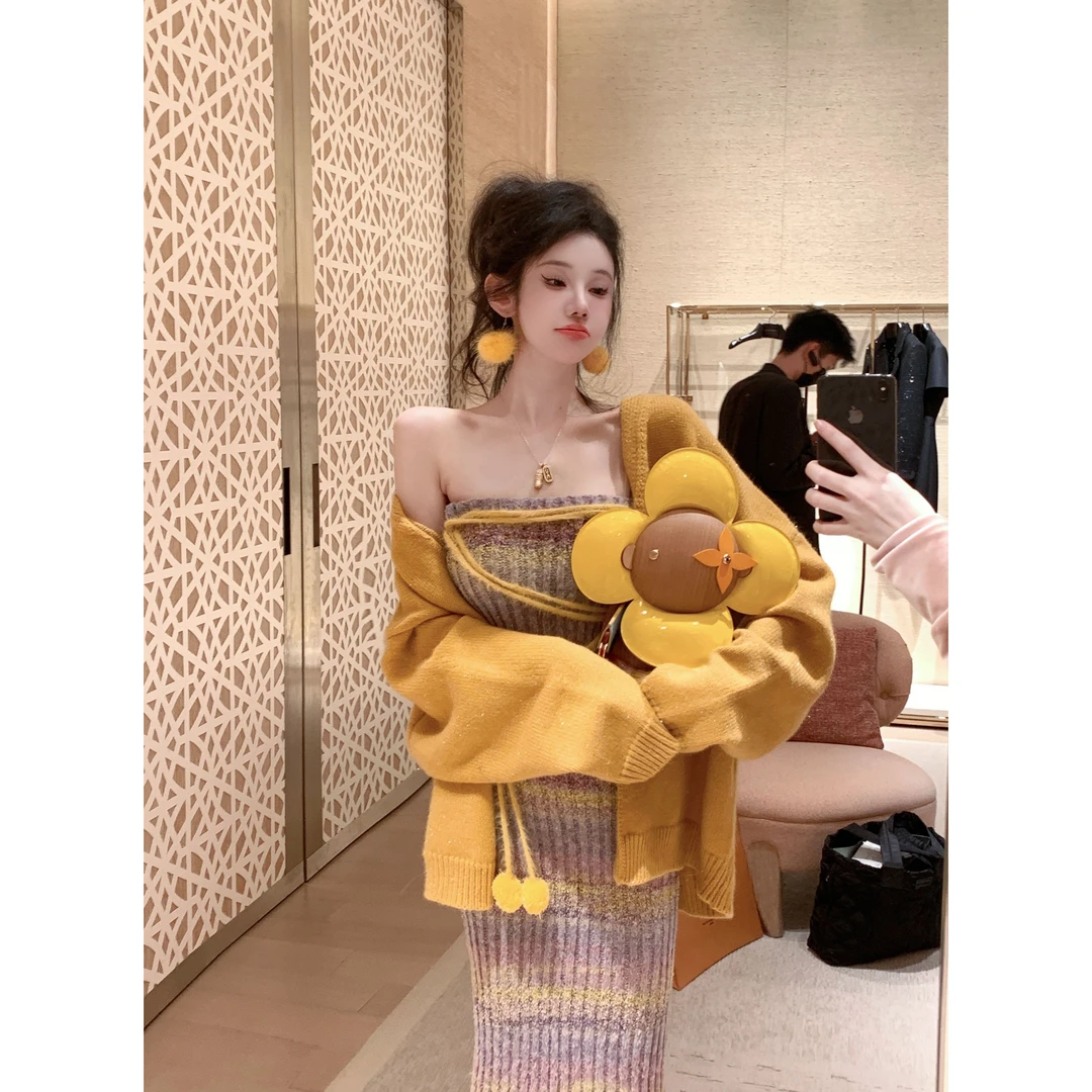 【雅乔现货】彩虹糖豆 黄紫蓝渐变羊毛针织抹胸连衣裙DYZY-24107403