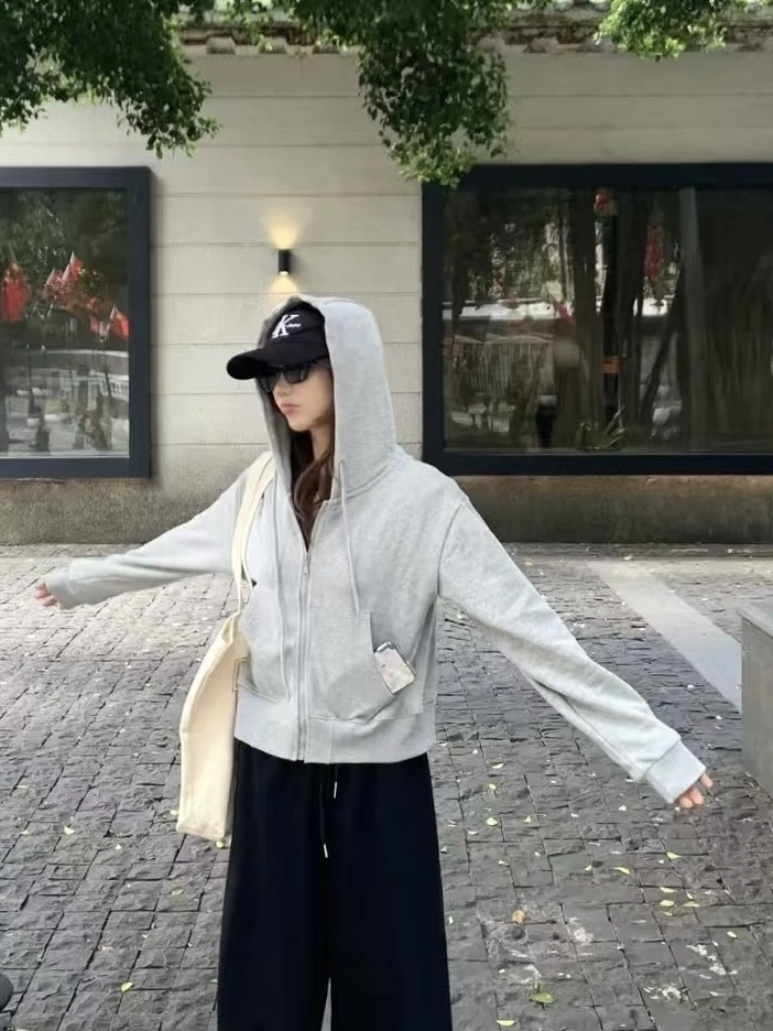 灰色正肩连帽卫衣女2024秋冬季韩版休闲显瘦百搭帽衫chic外套上衣