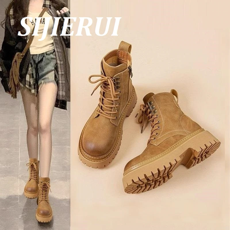 SIJIERUI马丁靴女2025年新款英伦风真皮短靴女内增高厚底机车单靴