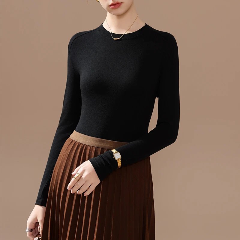 圆领修身针织打底衫女长袖薄款2024秋新款羊毛天丝内搭上衣秋冬季