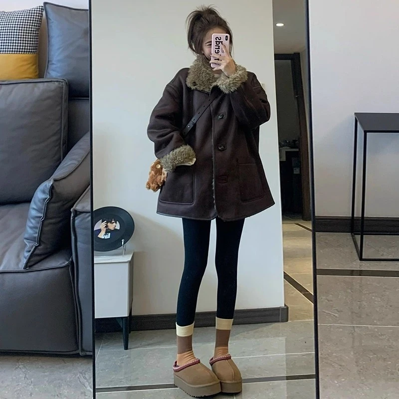 2025双面穿秋冬季韩系皮毛一体加厚毛毛美拉德机车服羊羔绒外套女