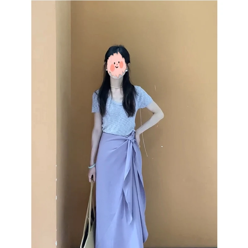 高级感修身显瘦灰色正肩U领短袖T恤2025夏季韩系紫色半身裙二件套