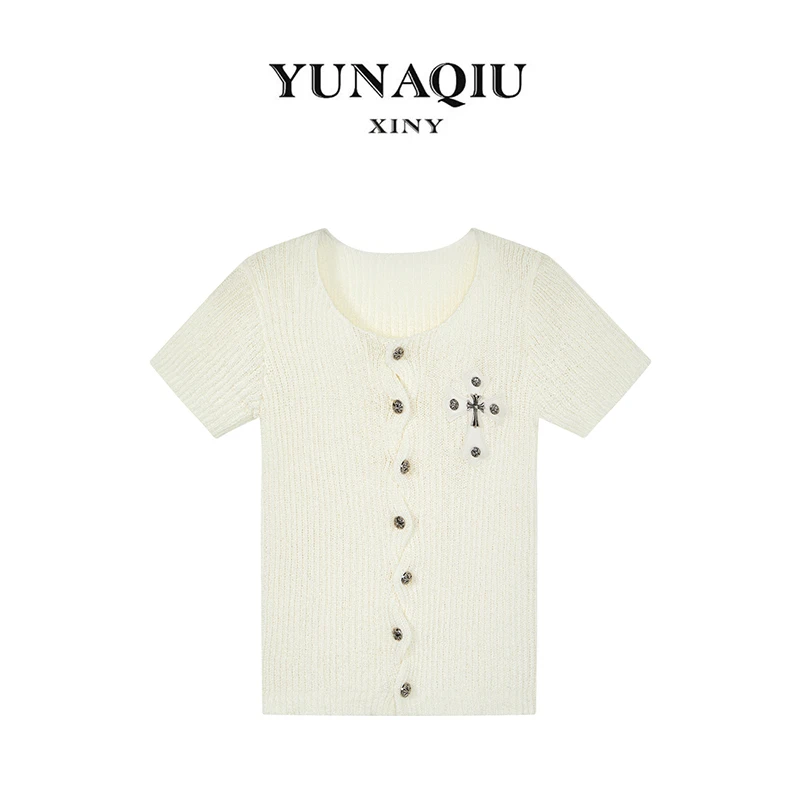 YUNAQIU-白色十字架针织短袖T桖女法式开衫显瘦上衣女夏-7841