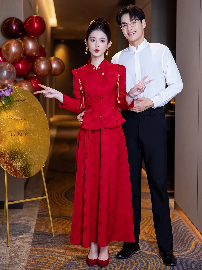 旗袍敬酒服2025秋冬季新款红色新中式两件套结婚订婚礼服裙女长袖