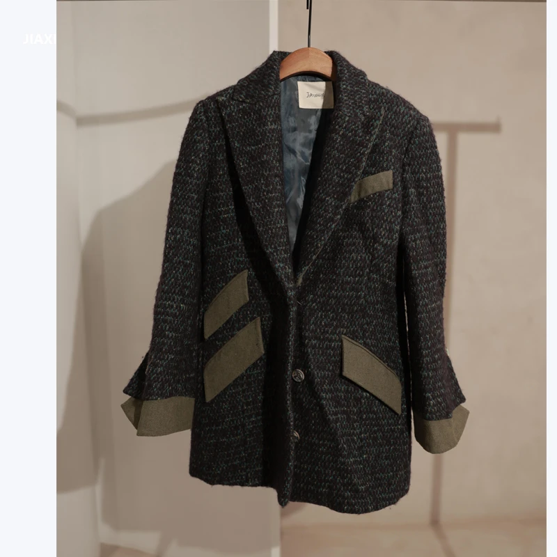 JIAXINXQING呢子外套气质西服单排扣设计师款澳洲羊毛外套中长款