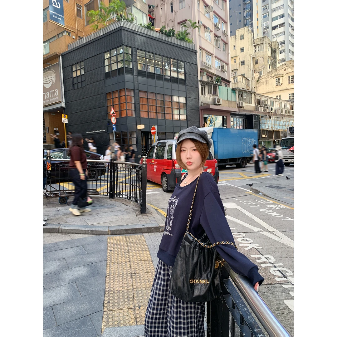 酒心微胖定制 许愿小狗 斜肩可爱印花长袖针织卫衣格纹阔腿裤套装