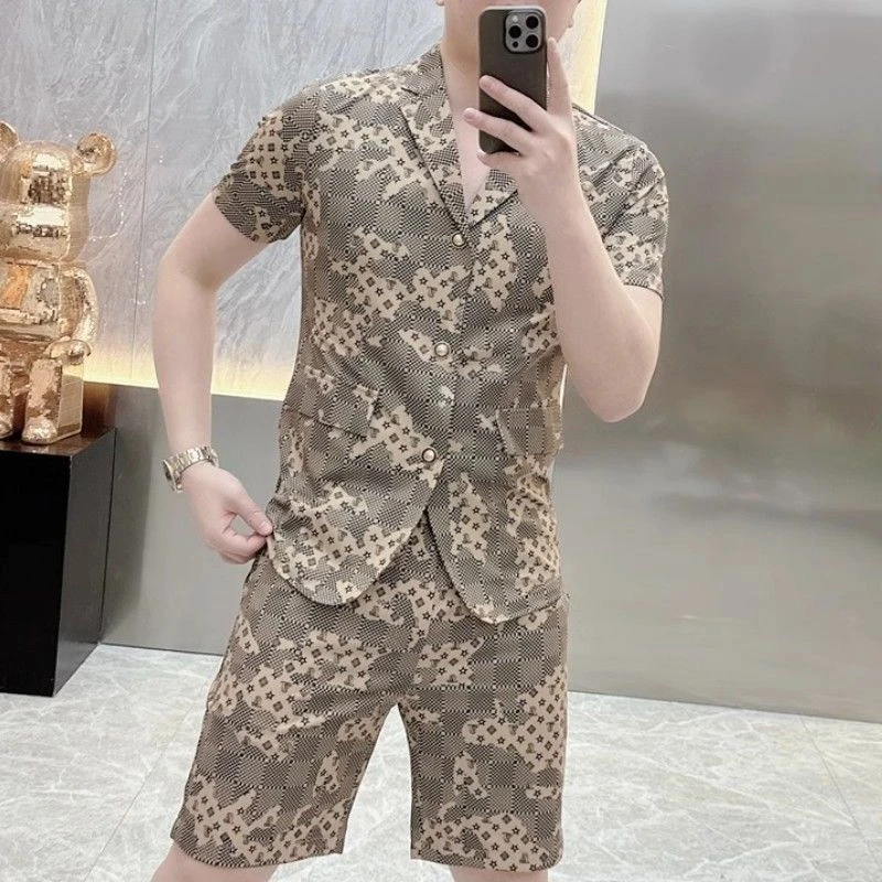 潮牌夏季新款印花短袖短裤套装男士时尚修身休闲轻奢西装一套搭配
