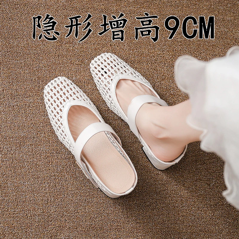 羊皮版~内增高9cm编织镂空包头半拖鞋女外穿配裙子高跟玛丽珍凉鞋