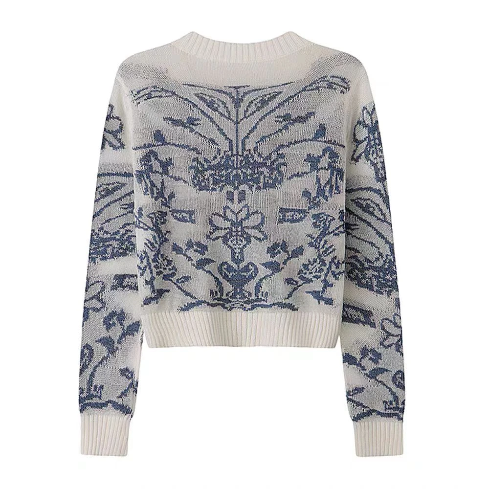 【青花瓷】2025春小众法式青花瓷高级感提花针织衫PN-930857