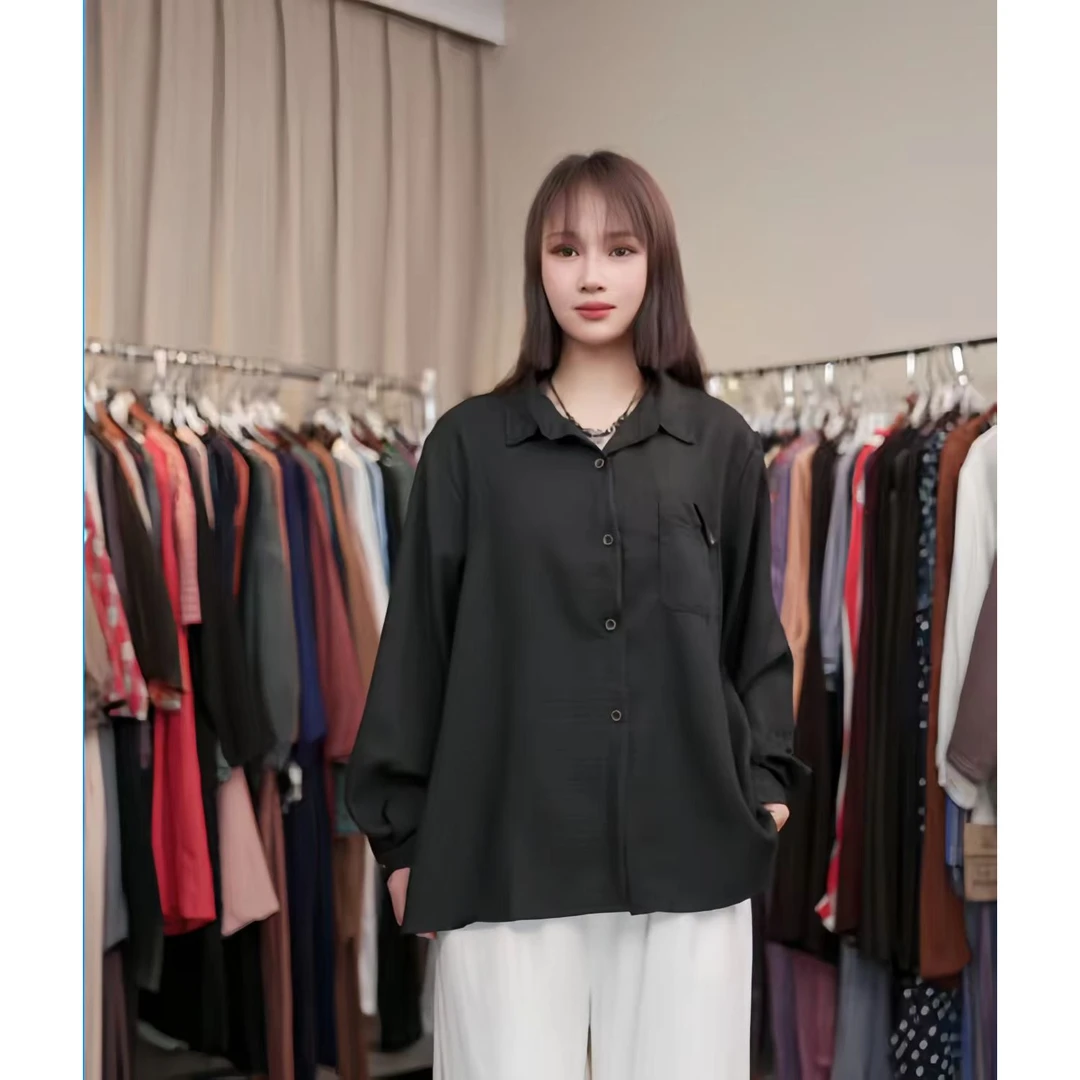 【古素】黑色翻领单兜休闲女款衬衫A328