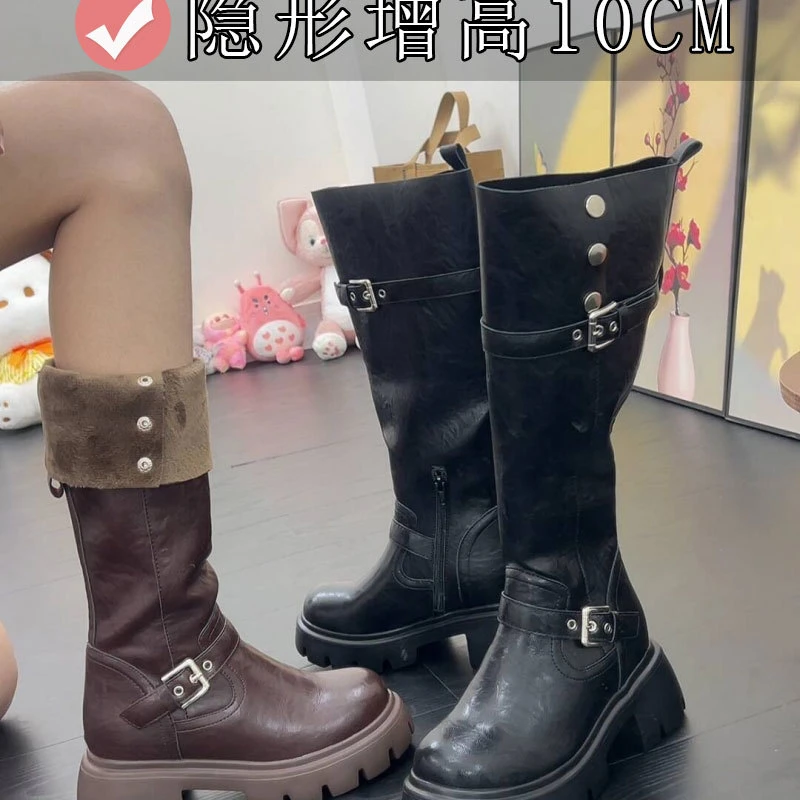 33-39码皮带扣高筒骑士靴厚底矮子乐内增高显瘦机车靴冬加绒长靴