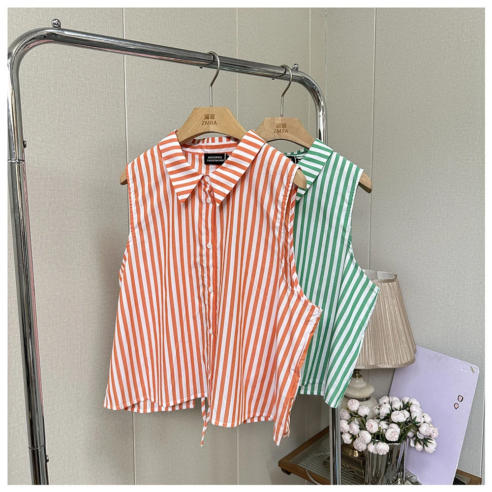 1C025 夏季新款女士时尚竖条翻领无袖衬衫