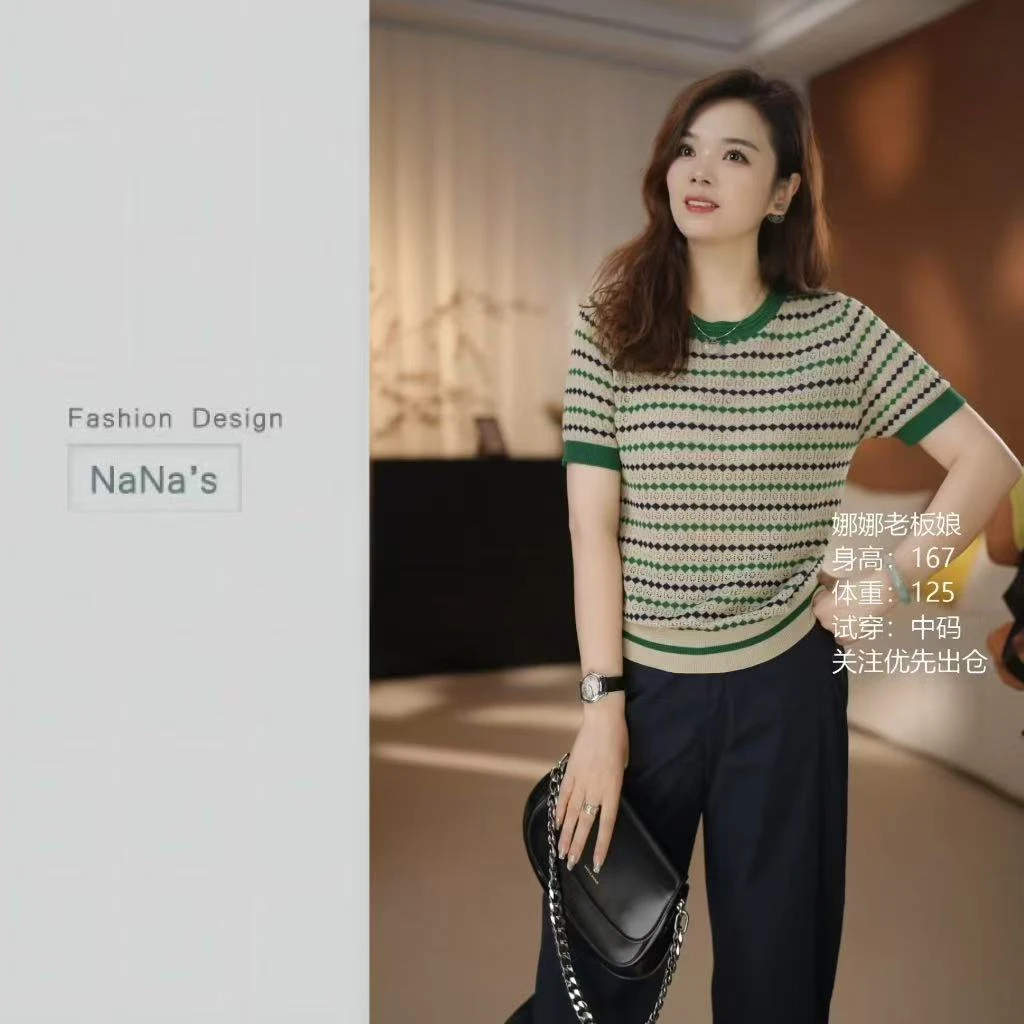 NaNa's【莱赛尔天丝】条纹凉感女拼色短袖上衣326
